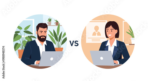 Comparison illustration of a man and a woman professional working on their laptops in a modern home office environment.