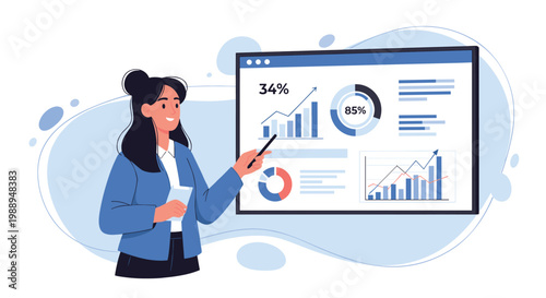 Confident young businesswoman presenting financial data reports and growth statistics on a digital display screen.