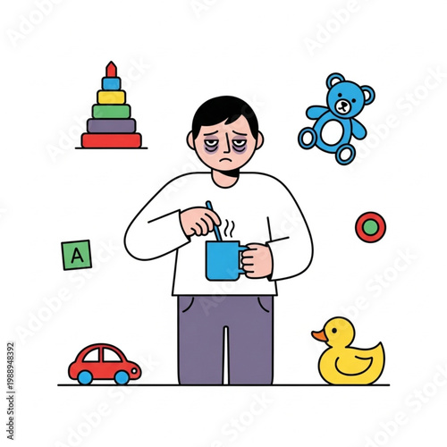 Exhausted parent holding a mug of coffee surrounded by children's toys, illustrating parental fatigue and the demands of childcare