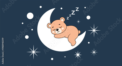 Cute baby bear sleeping peacefully on a crescent moon in a dark blue night sky filled with stars and constellations.