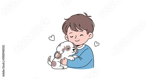 Young boy hugging his pet spotted dog with love and affection shown by floating heart symbols in cartoon style.