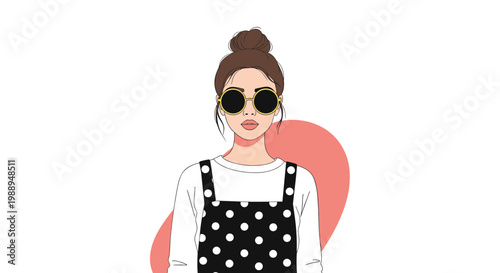 Trendy young woman with hair bun and round black sunglasses wearing a polka dot dress against a simple background.