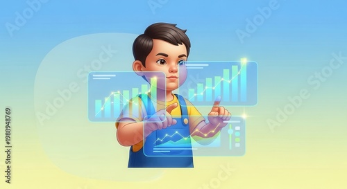 Young child explores interactive holographic data interfaces demonstrating future technological