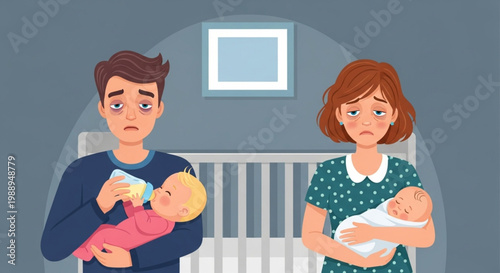 A tired mother and father, exhausted from sleepless nights, lovingly care for their newborns, depicting the challenging demands and reality of early parenthood