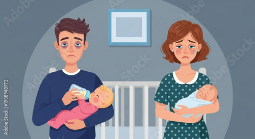 Exhausted Parents Caring for Newborn Babies Late at Night, Demonstrating Parental Fatigue and the Challenges of New Parenthood