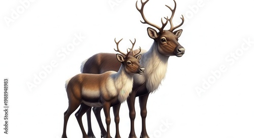 Pair of magnificent wild reindeer with impressive antlers standing together majestic arctic