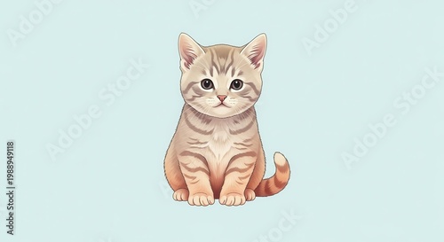 Adorable animated tabby kitten illustration with charming big eyes and soft fur on a serene blue