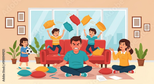 Frustrated parents in a messy living room, overwhelmed by the boisterous energy and playful disruption of their rambunctious children causing chaos and stress