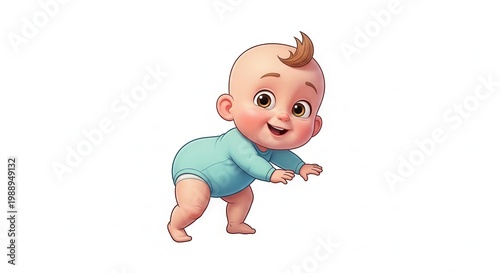 Charming smiling cartoon baby happily exploring the world on a plain canvas