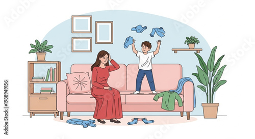 Stressed mother overwhelmed by messy child and cluttered home