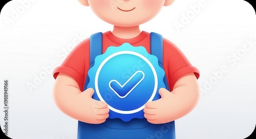 Charming 3D cartoon character holding a vibrant blue verification badge representing approval and