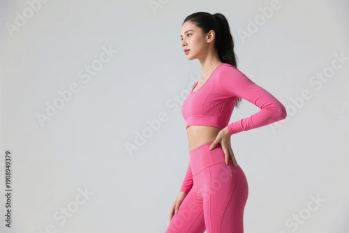 Woman in pink athletic wear posing against a neutral background