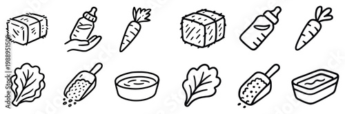 Baby food icons with bottle carrot lettuce outline