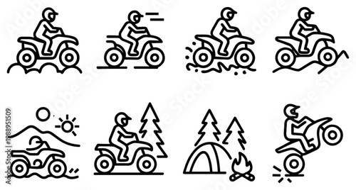 Outdoor recreation icons with atv rider tent outline