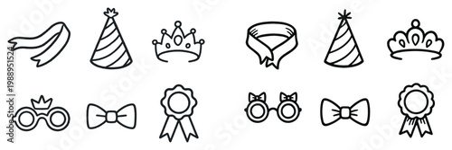 Party icons with hat crown bowtie outline