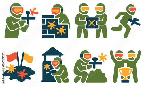 Paintball icons with players guns colorful