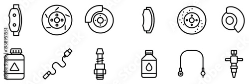 Automotive icons with brake disc spark plug bottle outline