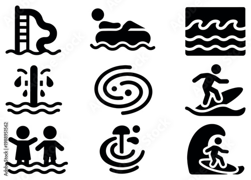 Water sports icons with surfer and fountain minimal