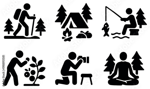 Outdoor icons with tent backpack camera minimal