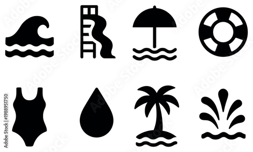 Beach icons with wave umbrella lifebuoy solid bold