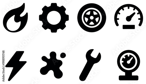 Automotive icons with gear wheel speedometer minimal