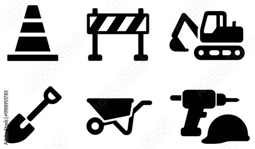 Construction icons with cone excavator shovel bold