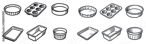 Baking icons with tart pan muffin tray ramekin outline