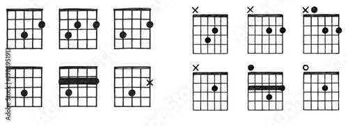 Music icons with chord grid fretboard outline