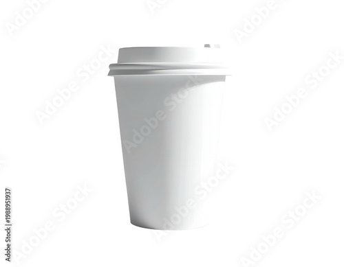 A plain white disposable coffee cup with a lid