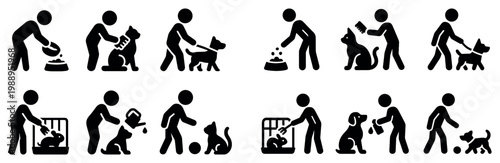 Pet care icons with dog bowl crate flat
