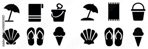 Beach icons with umbrella shell bucket minimal