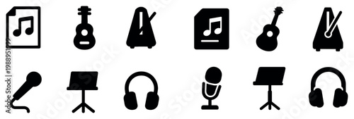 Music icons with guitar mic metronome solid