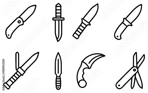 Weapon icons with knife dagger karambit outline bold