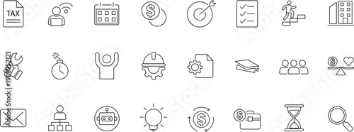 Construction and Industry Icon Set – Tools, Workers and Equipment Line Style Vector Symbols