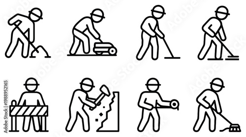 Construction icons with worker shovel hammer minimal outline