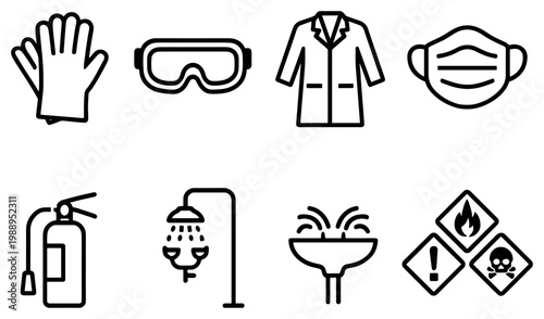 Safety icons with glove goggles mask outline