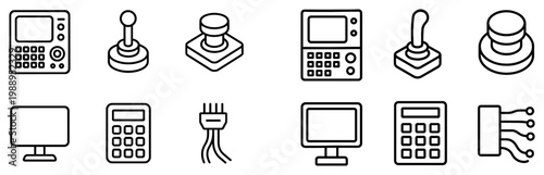 Tech icons with joystick monitor calculator outline
