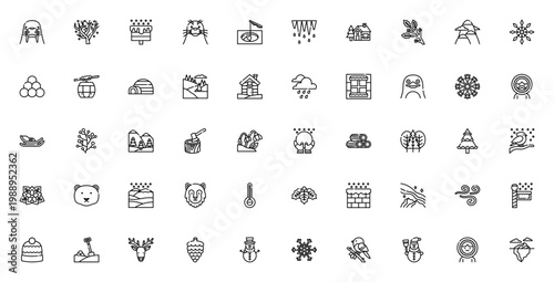 Winter nature icon set. Vector illustration featuring walrus, tree, seal, penguin, polar bear, reindeer, snowman, igloo, cabin, mountains, snowflake, blizzard and more. Editable stroke.