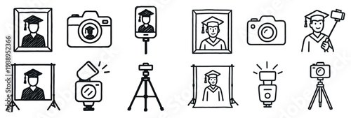 Education icons with graduate camera tripod outline sketch