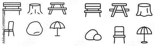 Park icons with bench umbrella rock outline