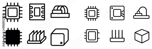 Technology icons with chip board heatsink outline