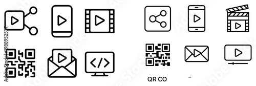 Media icons with play share phone outline minimal