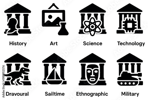 Museum icons with history art science flat