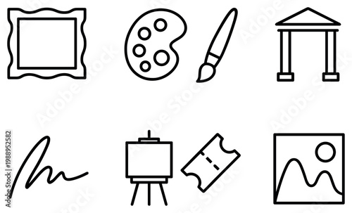 Art icons with paint palette brush easel outline