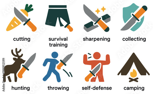 Survival icons with knife tent deer colorful