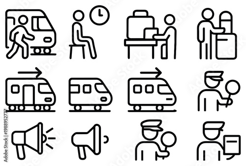 Transportation icons with train passenger luggage outline