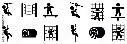 Recreation icons with zipline climbing wall balance beam minimal