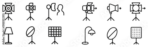 Studio lighting icons with spotlight reflector grid outline