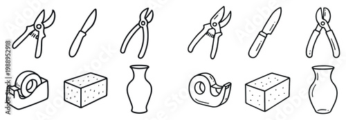 Household icons with pruner knife sponge outline