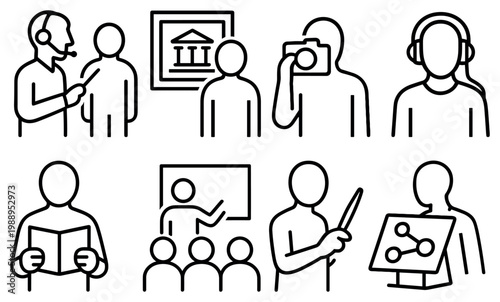 Education icons with teacher camera headset outline